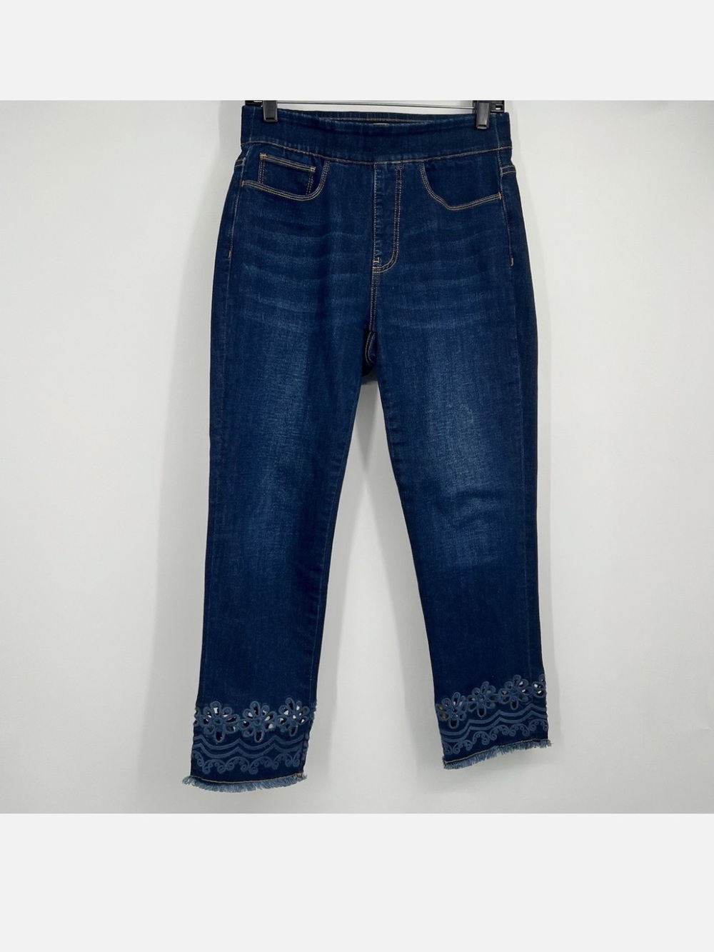 Soft Surroundings Dark Blue Embroidered Hem Jeans